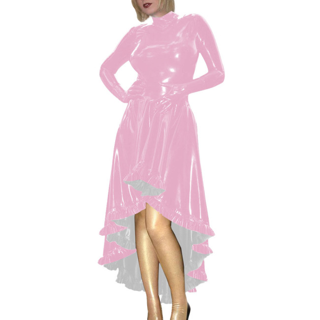 Coctail Party Glossy High Low Swing Dresses Vintage PVC Shiny Leather Women Pleated Gloved Dress Carnival Vestidos Plus Size