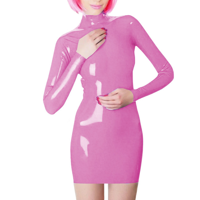 Plus Size Long Sleeve Bodycon Mini Dress PVC Leather High Neck Solid Slim Fit Short Dressses Elegant Women's Dress Streetwear