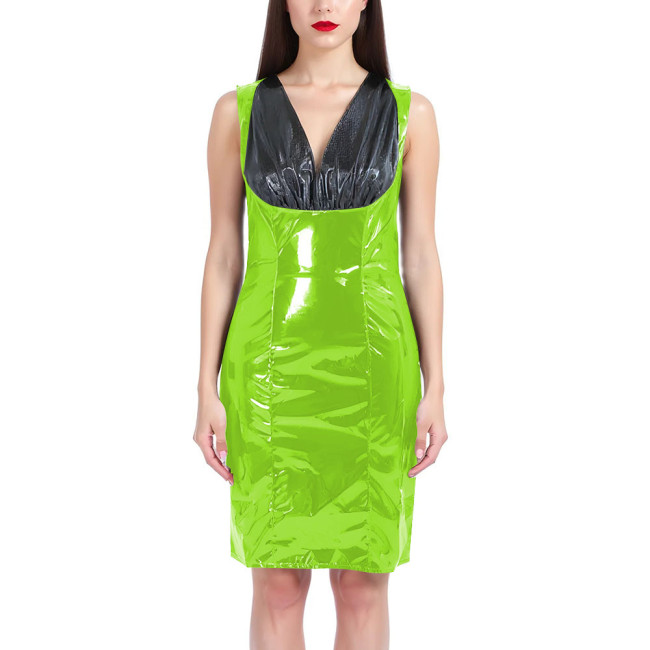 Sexy Knee-length Dresses Fashion Black Splice V-neck Slim Fit Club Dress PVC Shiny Leather Sleeveless Dress Women Streetwear