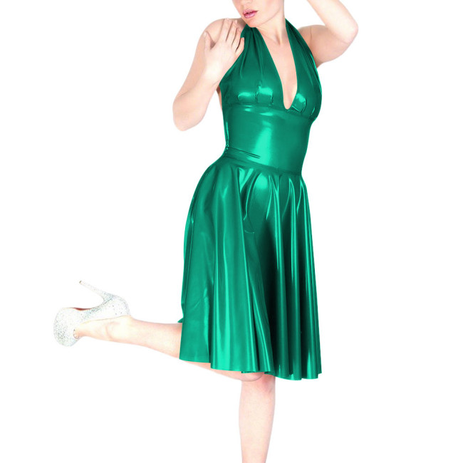 Ladies Chic Sexy Sleeveless Pleated PVC Dress for Coctail Party Outfits Women Halter V-Neck Shiny Faux Leather Knee-length Dress
