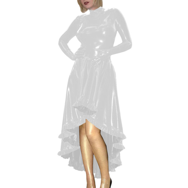 Coctail Party Glossy High Low Swing Dresses Vintage PVC Shiny Leather Women Pleated Gloved Dress Carnival Vestidos Plus Size