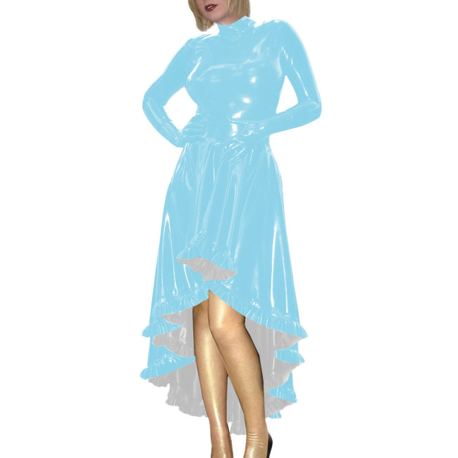 Coctail Party Glossy High Low Swing Dresses Vintage PVC Shiny Leather Women Pleated Gloved Dress Carnival Vestidos Plus Size