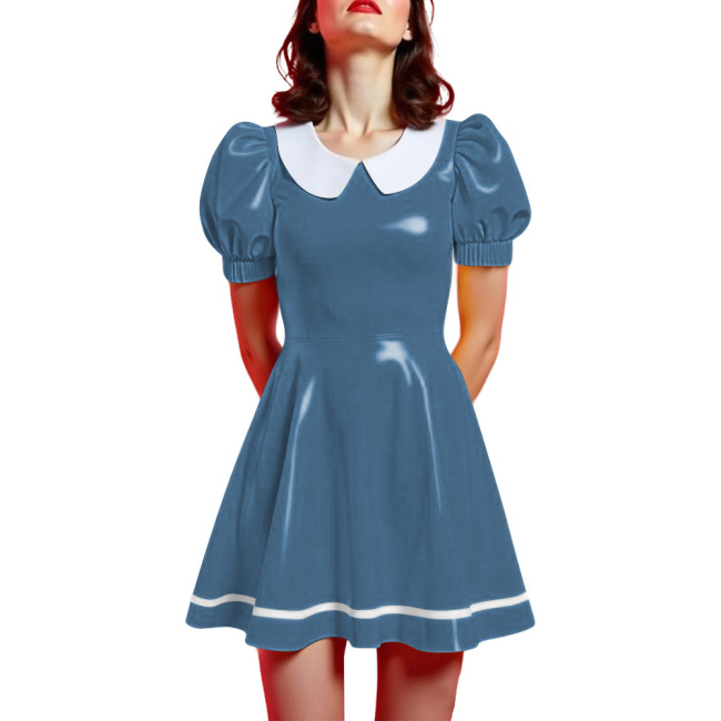 Peter Pan Collar Mini Vintage Swing Dresses Glossy PVC Leather Puff Sleeve A-line Short Dress Women Elegant Preppy Style Dress