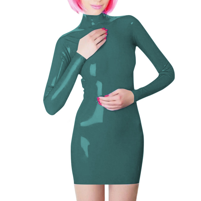 Plus Size Long Sleeve Bodycon Mini Dress PVC Leather High Neck Solid Slim Fit Short Dressses Elegant Women's Dress Streetwear