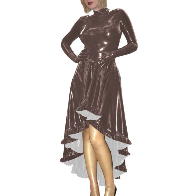 Coctail Party Glossy High Low Swing Dresses Vintage PVC Shiny Leather Women Pleated Gloved Dress Carnival Vestidos Plus Size