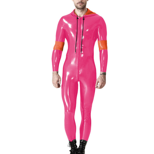 Mens Long Sleeve Patchwork Hoodies Pants Romper Male Wetlook PVC Leather Catsuit Party Zip Up Cosplay Bodysuit Casual Jumpsuit