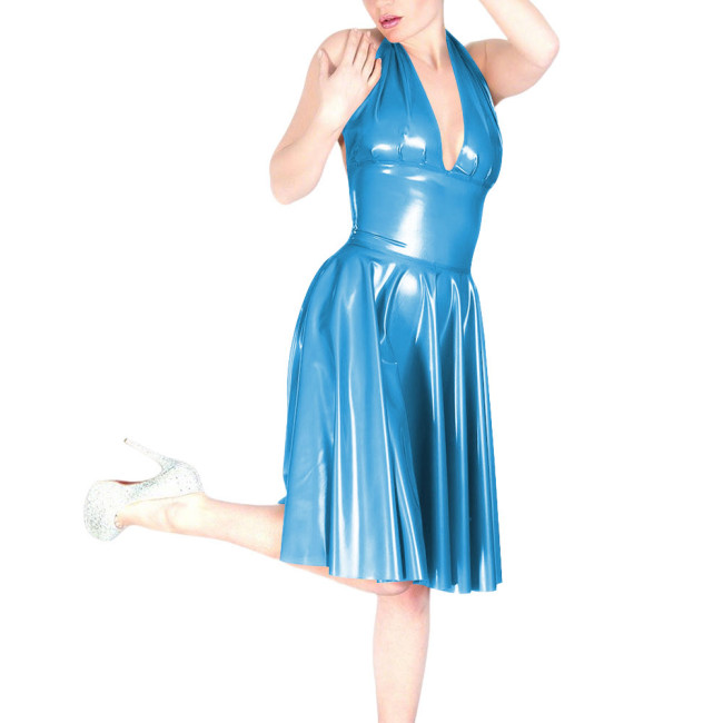 Ladies Chic Sexy Sleeveless Pleated PVC Dress for Coctail Party Outfits Women Halter V-Neck Shiny Faux Leather Knee-length Dress