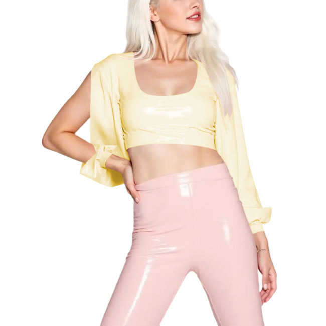 Punk Hotties Sexy Cropped Top with Slit Puff Sleeves Womens Sexy Fetish PVC Leather Backless Short Tee Shirts Wetlook Clubwear