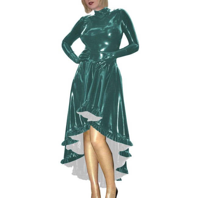 Coctail Party Glossy High Low Swing Dresses Vintage PVC Shiny Leather Women Pleated Gloved Dress Carnival Vestidos Plus Size