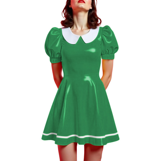 Peter Pan Collar Mini Vintage Swing Dresses Glossy PVC Leather Puff Sleeve A-line Short Dress Women Elegant Preppy Style Dress