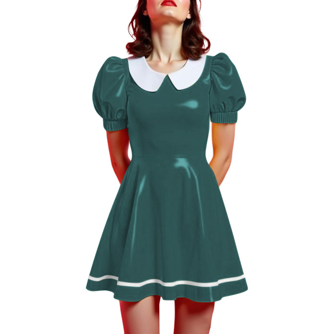 Peter Pan Collar Mini Vintage Swing Dresses Glossy PVC Leather Puff Sleeve A-line Short Dress Women Elegant Preppy Style Dress