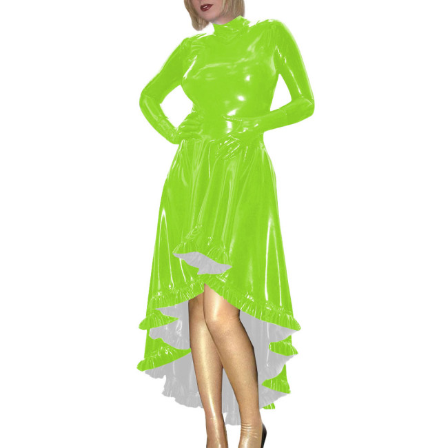 Coctail Party Glossy High Low Swing Dresses Vintage PVC Shiny Leather Women Pleated Gloved Dress Carnival Vestidos Plus Size