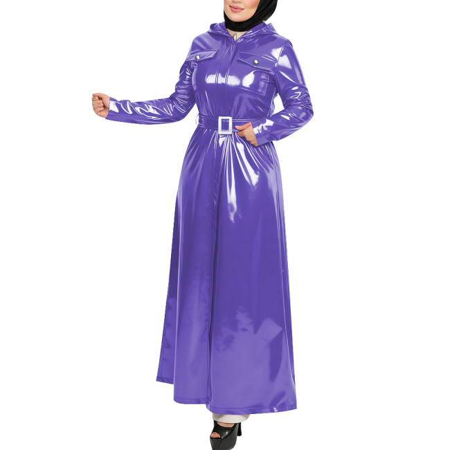 Plus Size Gothic Hooded Long Dress Full Sleeves Pockets Wetlook Trench Coat with Belt Womens PVC Shiny Maxi Jacket Overcoat Tops