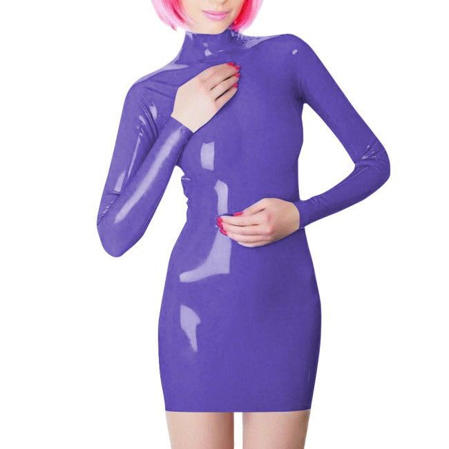 Plus Size Long Sleeve Bodycon Mini Dress PVC Leather High Neck Solid Slim Fit Short Dressses Elegant Women's Dress Streetwear