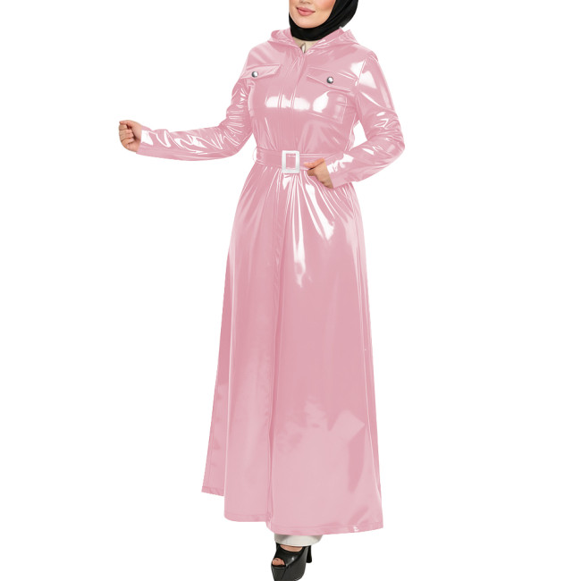Plus Size Gothic Hooded Long Dress Full Sleeves Pockets Wetlook Trench Coat with Belt Womens PVC Shiny Maxi Jacket Overcoat Tops