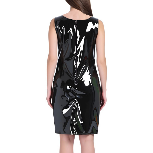 Sexy Knee-length Dresses Fashion Black Splice V-neck Slim Fit Club Dress PVC Shiny Leather Sleeveless Dress Women Streetwear