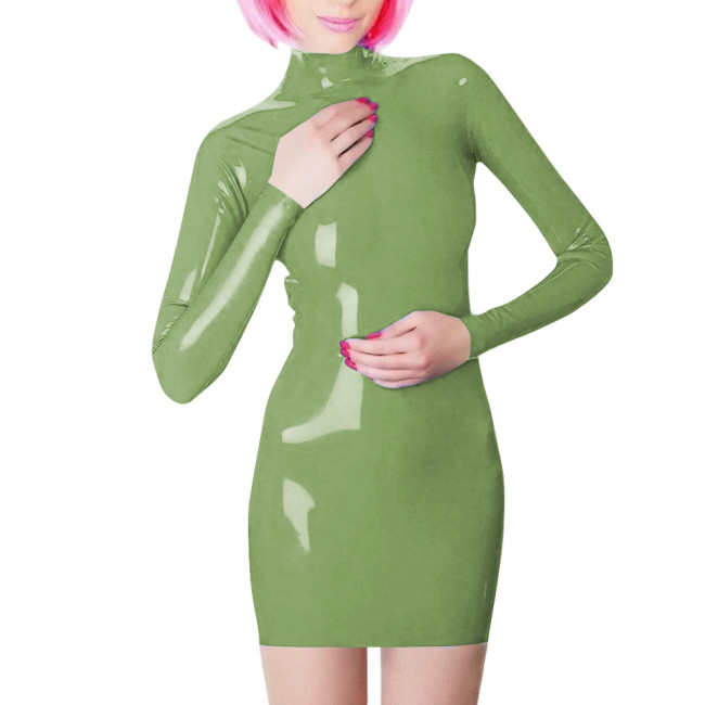 Plus Size Long Sleeve Bodycon Mini Dress PVC Leather High Neck Solid Slim Fit Short Dressses Elegant Women's Dress Streetwear