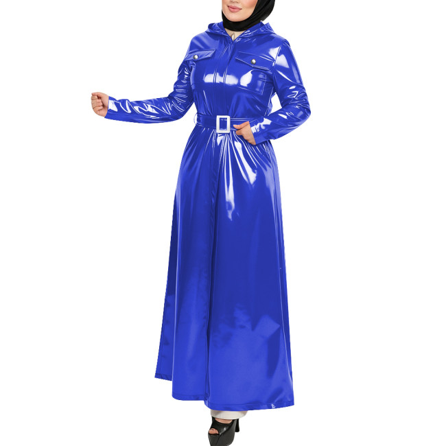Plus Size Gothic Hooded Long Dress Full Sleeves Pockets Wetlook Trench Coat with Belt Womens PVC Shiny Maxi Jacket Overcoat Tops