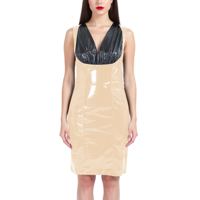 Sexy Knee-length Dresses Fashion Black Splice V-neck Slim Fit Club Dress PVC Shiny Leather Sleeveless Dress Women Streetwear