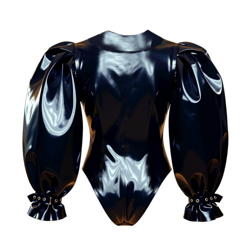 Fashion Vinyl PVC Leather Womens Bodysuit Club Puff Long Sleeves Button-up Short Rompers Nightclub Cosplay V-neck Playsuit 7XL