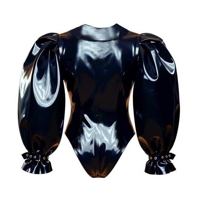 Fashion Vinyl PVC Leather Womens Bodysuit Club Puff Long Sleeves Button-up Short Rompers Nightclub Cosplay V-neck Playsuit 7XL