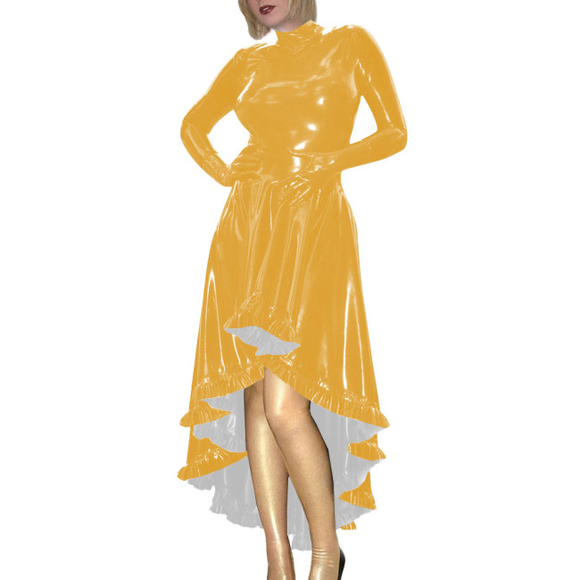 Coctail Party Glossy High Low Swing Dresses Vintage PVC Shiny Leather Women Pleated Gloved Dress Carnival Vestidos Plus Size