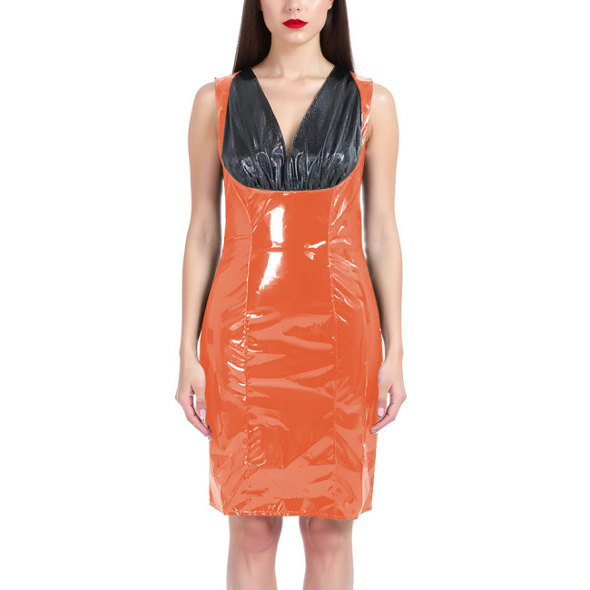 Sexy Knee-length Dresses Fashion Black Splice V-neck Slim Fit Club Dress PVC Shiny Leather Sleeveless Dress Women Streetwear