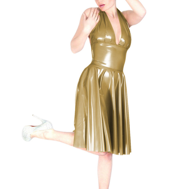 Ladies Chic Sexy Sleeveless Pleated PVC Dress for Coctail Party Outfits Women Halter V-Neck Shiny Faux Leather Knee-length Dress