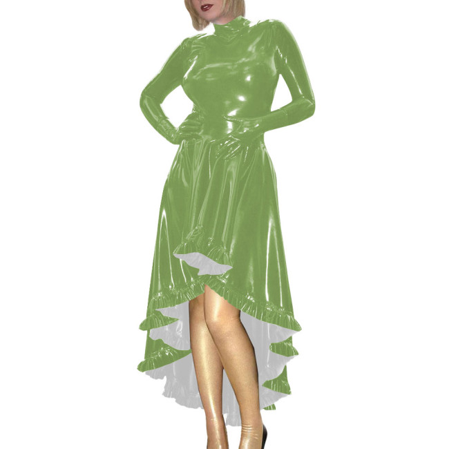 Coctail Party Glossy High Low Swing Dresses Vintage PVC Shiny Leather Women Pleated Gloved Dress Carnival Vestidos Plus Size