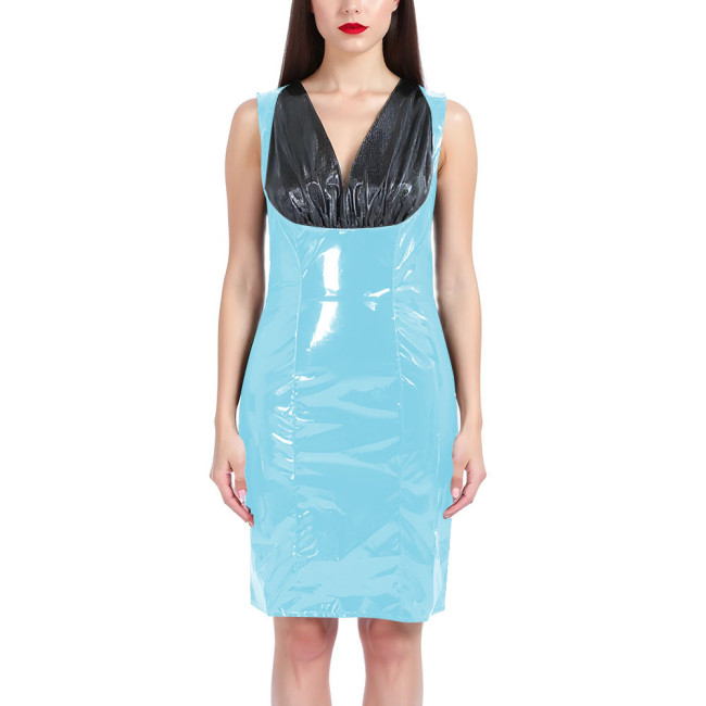 Sexy Knee-length Dresses Fashion Black Splice V-neck Slim Fit Club Dress PVC Shiny Leather Sleeveless Dress Women Streetwear