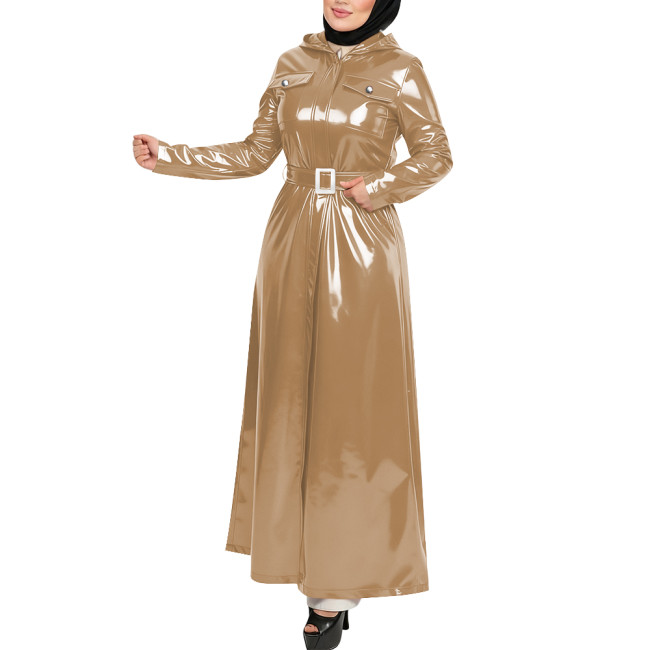 Plus Size Gothic Hooded Long Dress Full Sleeves Pockets Wetlook Trench Coat with Belt Womens PVC Shiny Maxi Jacket Overcoat Tops