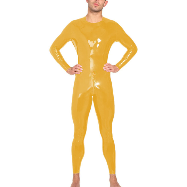 Mens Long Sleeves Bodycon Catsuit Glossy PVC Leather O-neck Tight Jumpsuit Raves Party Cosplay Bodysuit Zipper Crotch Clubwear
