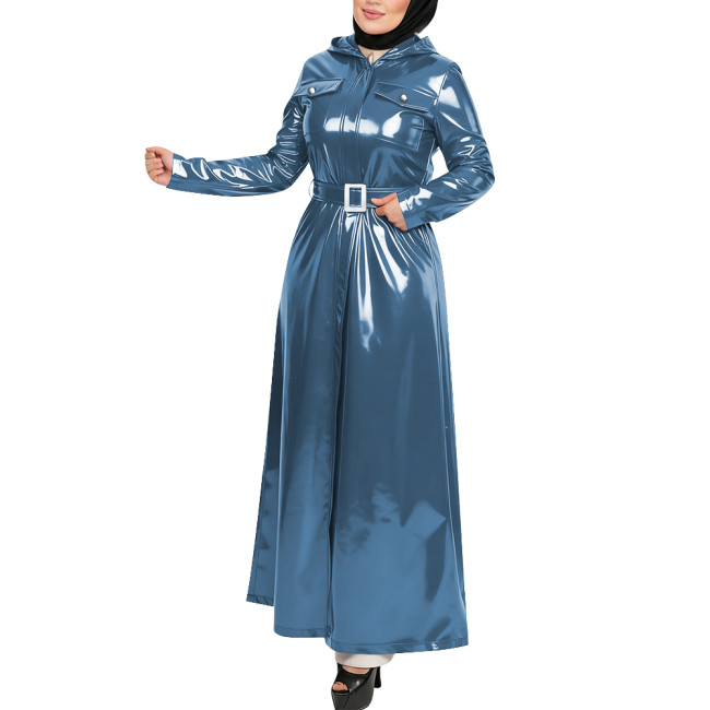 Plus Size Gothic Hooded Long Dress Full Sleeves Pockets Wetlook Trench Coat with Belt Womens PVC Shiny Maxi Jacket Overcoat Tops