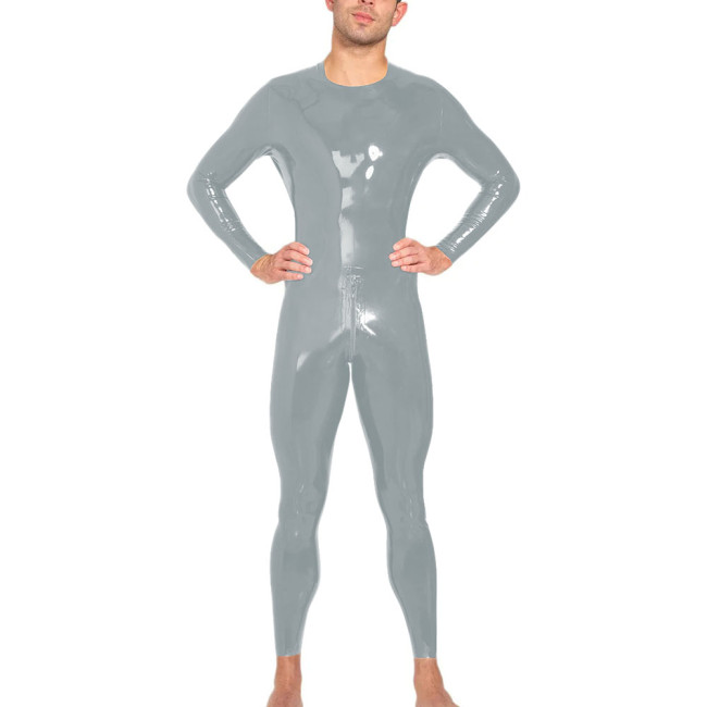 Mens Long Sleeves Bodycon Catsuit Glossy PVC Leather O-neck Tight Jumpsuit Raves Party Cosplay Bodysuit Zipper Crotch Clubwear