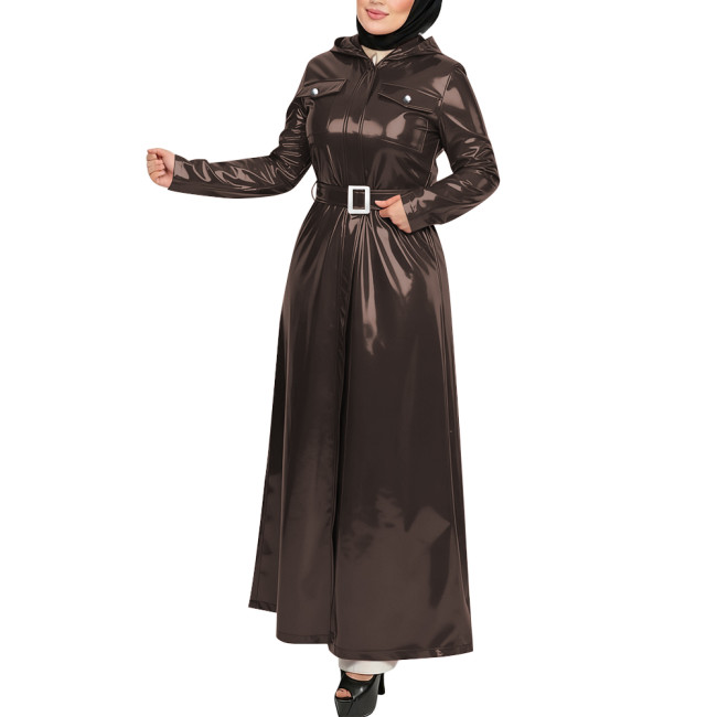 Plus Size Gothic Hooded Long Dress Full Sleeves Pockets Wetlook Trench Coat with Belt Womens PVC Shiny Maxi Jacket Overcoat Tops