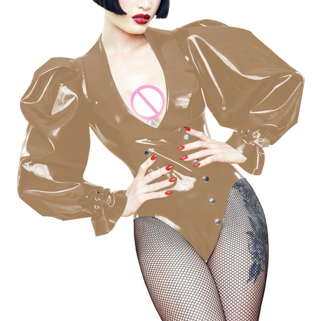 Fashion Vinyl PVC Leather Womens Bodysuit Club Puff Long Sleeves Button-up Short Rompers Nightclub Cosplay V-neck Playsuit 7XL