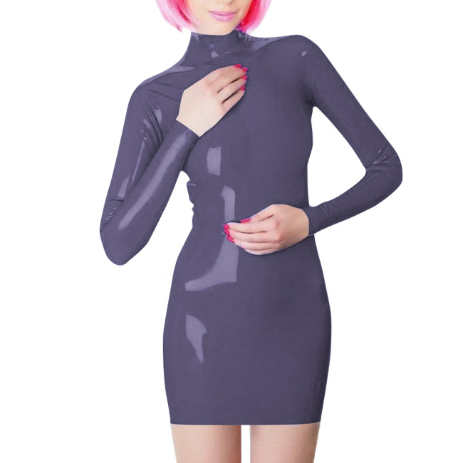 Plus Size Long Sleeve Bodycon Mini Dress PVC Leather High Neck Solid Slim Fit Short Dressses Elegant Women's Dress Streetwear