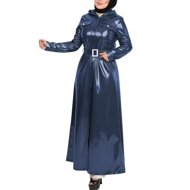 Plus Size Gothic Hooded Long Dress Full Sleeves Pockets Wetlook Trench Coat with Belt Womens PVC Shiny Maxi Jacket Overcoat Tops