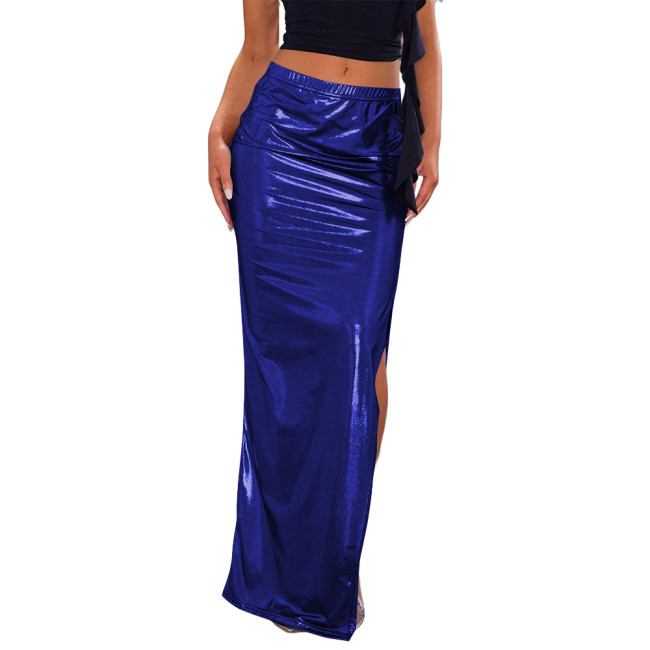Ladies Stretch Slim Pencil Skirt Liquid Metallic Sexy Thigh Splits Tight Long Skirts Womens Shiny Clubwer Festival Rave Clothing