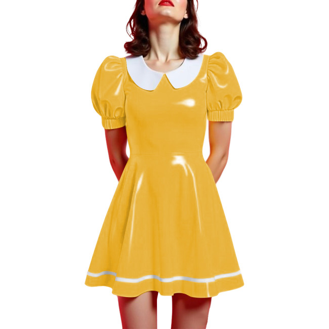 Peter Pan Collar Mini Vintage Swing Dresses Glossy PVC Leather Puff Sleeve A-line Short Dress Women Elegant Preppy Style Dress
