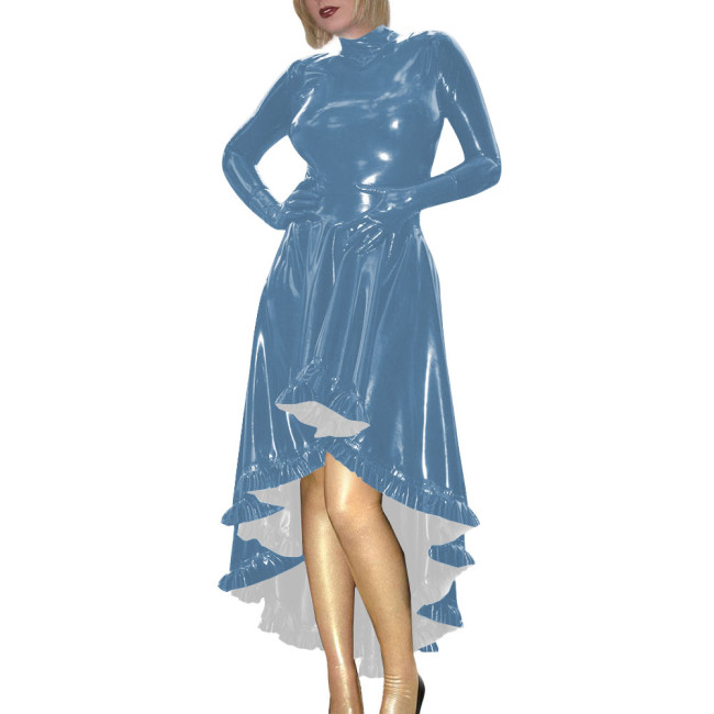 Coctail Party Glossy High Low Swing Dresses Vintage PVC Shiny Leather Women Pleated Gloved Dress Carnival Vestidos Plus Size