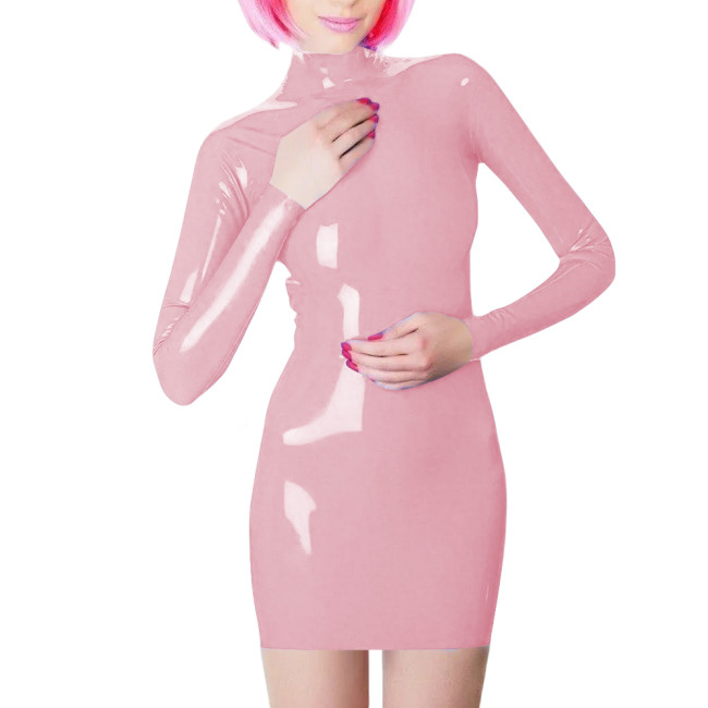 Plus Size Long Sleeve Bodycon Mini Dress PVC Leather High Neck Solid Slim Fit Short Dressses Elegant Women's Dress Streetwear