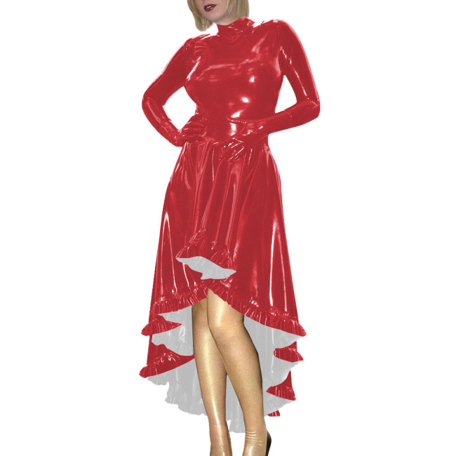 Coctail Party Glossy High Low Swing Dresses Vintage PVC Shiny Leather Women Pleated Gloved Dress Carnival Vestidos Plus Size