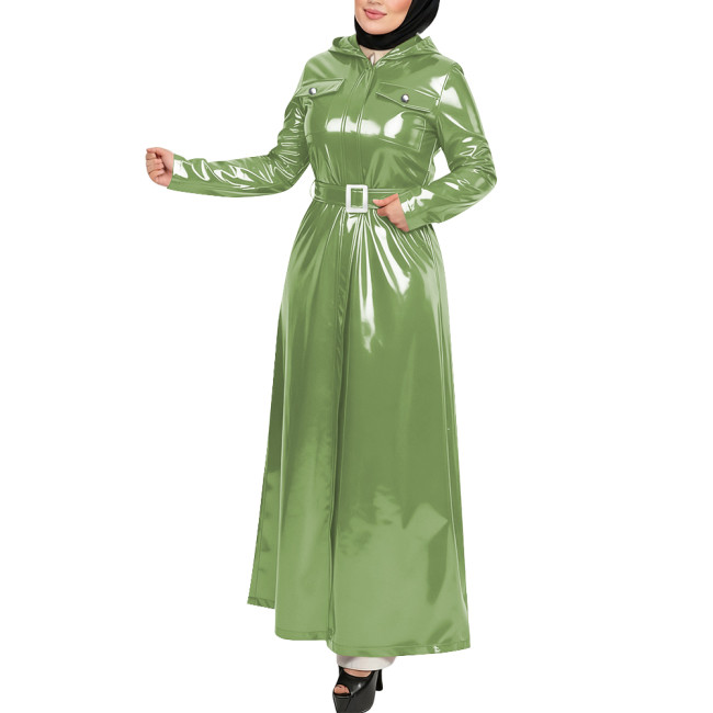 Plus Size Gothic Hooded Long Dress Full Sleeves Pockets Wetlook Trench Coat with Belt Womens PVC Shiny Maxi Jacket Overcoat Tops