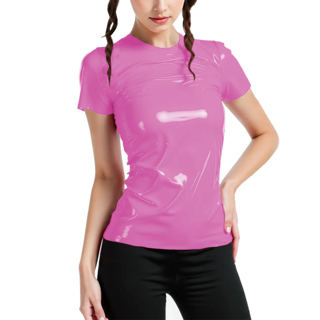 Women PVC Glossy Leather O-neck Tops Short Sleeve Pullover Stretchy T-shirts Ladies Fashion Tee Top Plus Size Clothes Streetwear