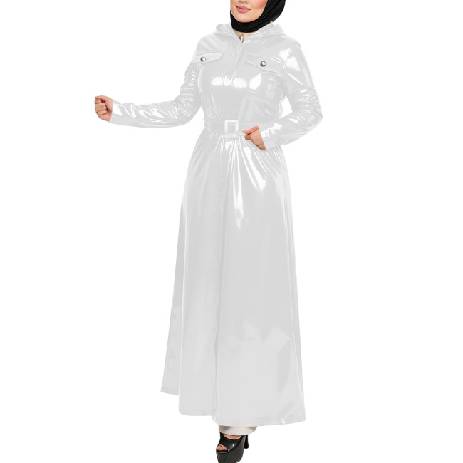Plus Size Gothic Hooded Long Dress Full Sleeves Pockets Wetlook Trench Coat with Belt Womens PVC Shiny Maxi Jacket Overcoat Tops