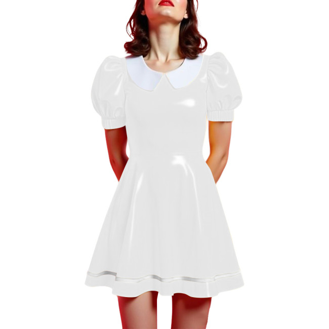 Peter Pan Collar Mini Vintage Swing Dresses Glossy PVC Leather Puff Sleeve A-line Short Dress Women Elegant Preppy Style Dress