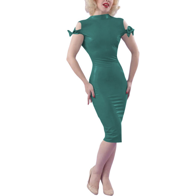 Ladies Sexy Bodycon Midi Party Dress Women Elegant Classic PVC Shiny Tight Dress Wetlook Outfit Bow Short Sleeve Skinny Dress