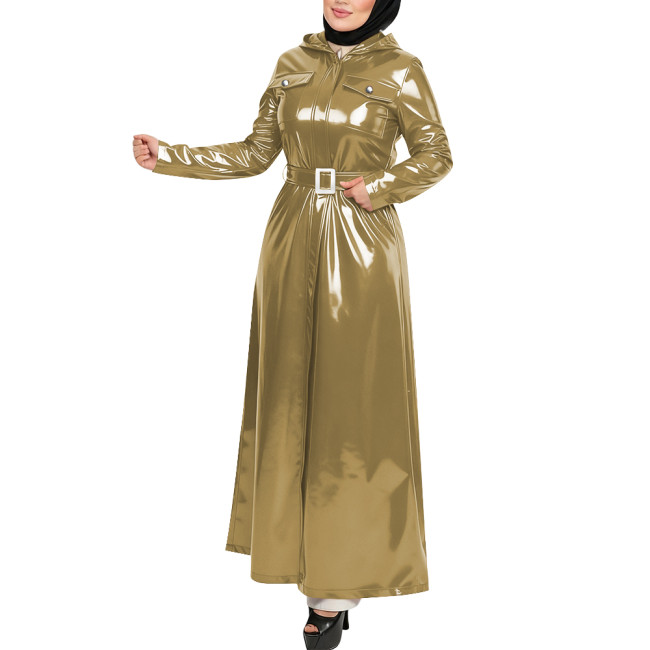 Plus Size Gothic Hooded Long Dress Full Sleeves Pockets Wetlook Trench Coat with Belt Womens PVC Shiny Maxi Jacket Overcoat Tops