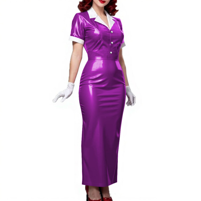 Plus Size Women Shiny Patent Leather Long Dresses Short Sleeve Turn-down Collar Ladies Slim Dress Button-up PVC Pencil Dress